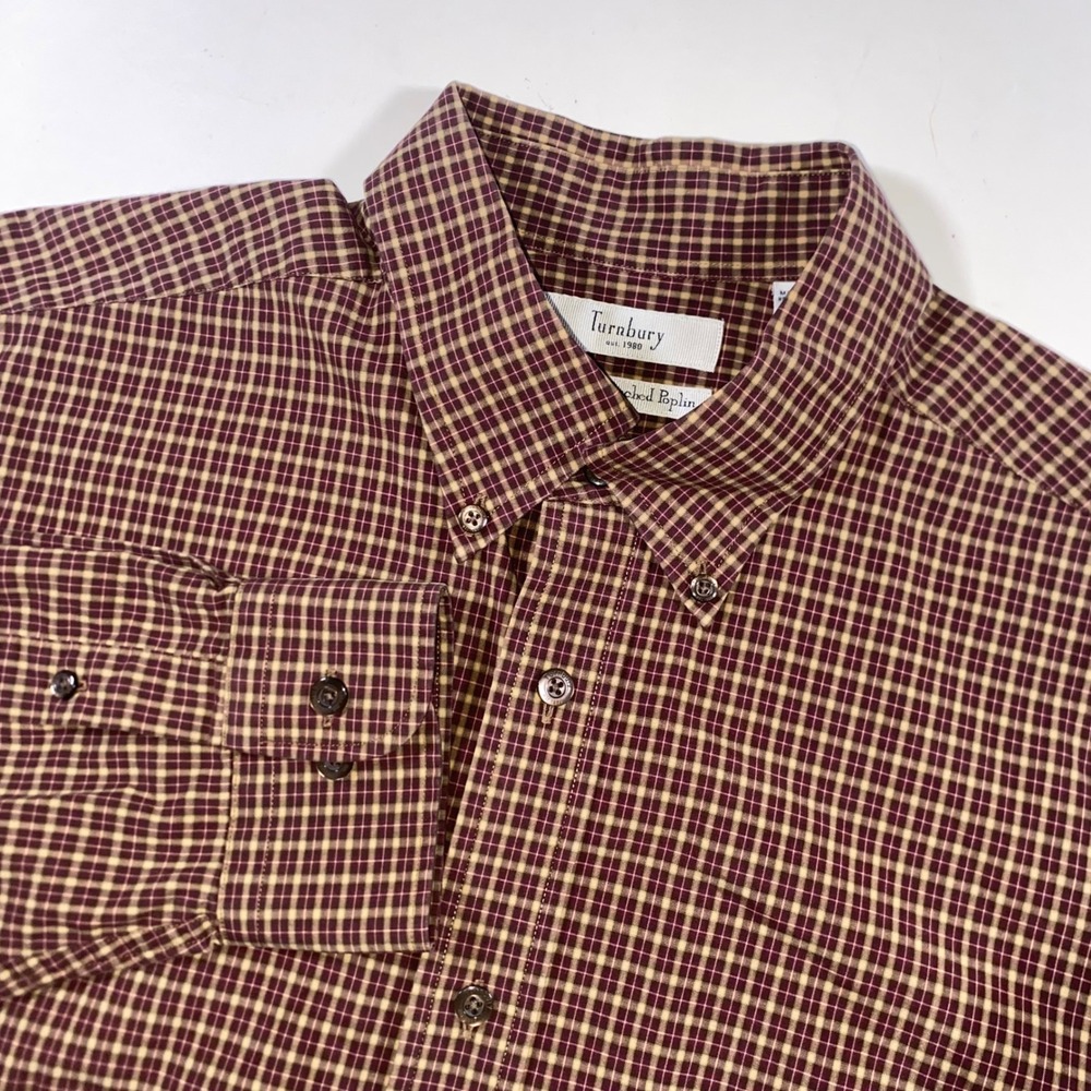 Turnbury Mens Large Burgundy Tan Plaid Peached Poplin Button Down Shirt BB206